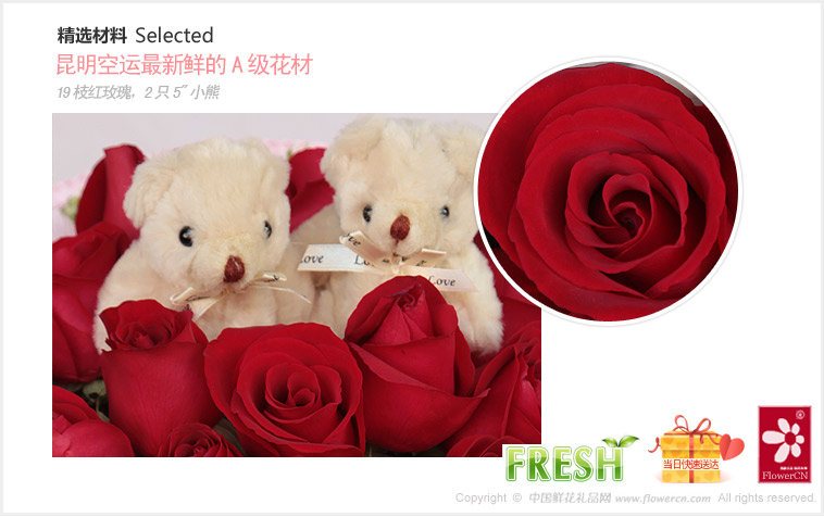 2012七夕情人节礼物推荐:19枝红玫瑰，2只5"小熊，绿叶围边_守护爱情